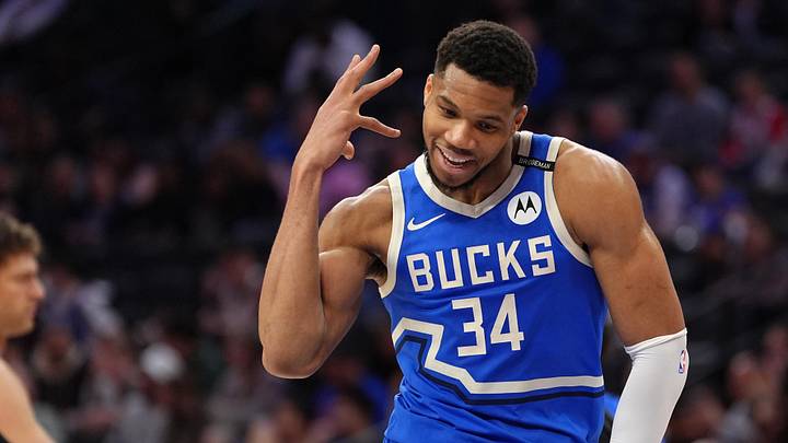 Apr 3, 2025; Philadelphia, Pennsylvania, USA; Milwaukee Bucks forward Giannis Antetokounmpo (34) reacts against the Philadelphia 76ers in the fourth quarter at Wells Fargo Center. Mandatory Credit: Kyle Ross-Imagn Images