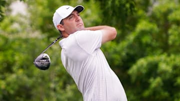 Scottie Scheffler tees off during the first round of the 2025 CJ Cup Byron Nelson at TPC Craig Ranch