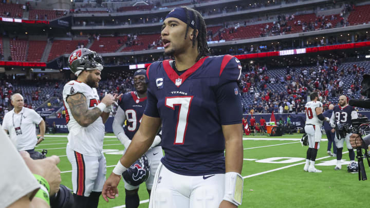 Nov 5, 2023; Houston, Texas, USA; Houston Texans quarterback C.J. Stroud (7) walks on the field