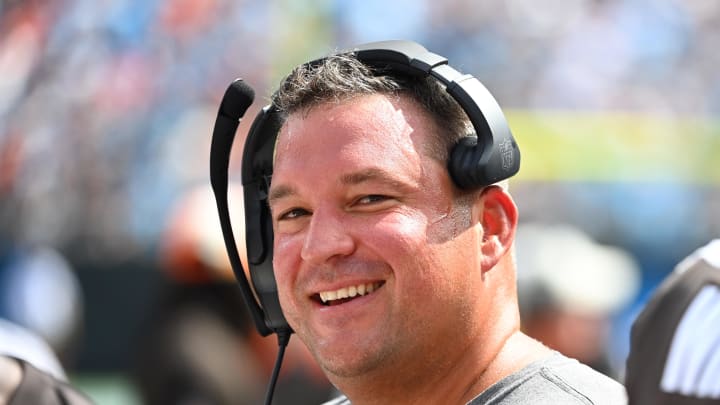 Sep 11, 2022; Charlotte, North Carolina, USA;  Cleveland Browns defensive line coach Chris Kiffin on the sidelines in the third quarter at Bank of America Stadium. Mandatory Credit: Bob Donnan-USA TODAY Sports