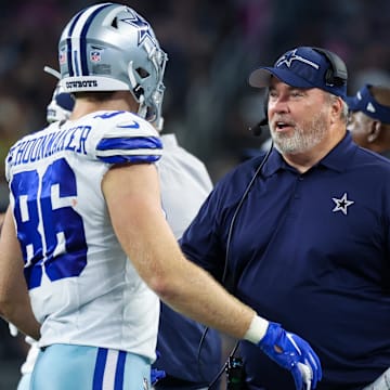 Aug 26, 2023; Arlington, Texas, USA; Dallas Cowboys head coach Mike McCarthy congratulates Dallas Cowboys tight end Luke Schoonmaker (86) after a touchdown during the second quarter against the Las Vegas Raiders at AT&T Stadium. 