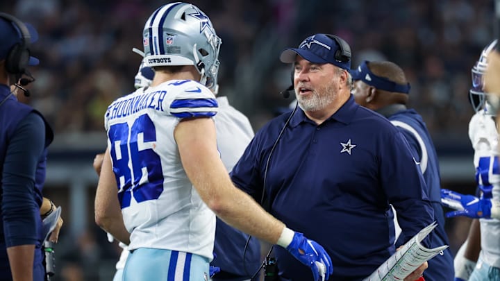 Aug 26, 2023; Arlington, Texas, USA; Dallas Cowboys head coach Mike McCarthy congratulates Dallas Cowboys tight end Luke Schoonmaker (86) after a touchdown during the second quarter against the Las Vegas Raiders at AT&T Stadium. 