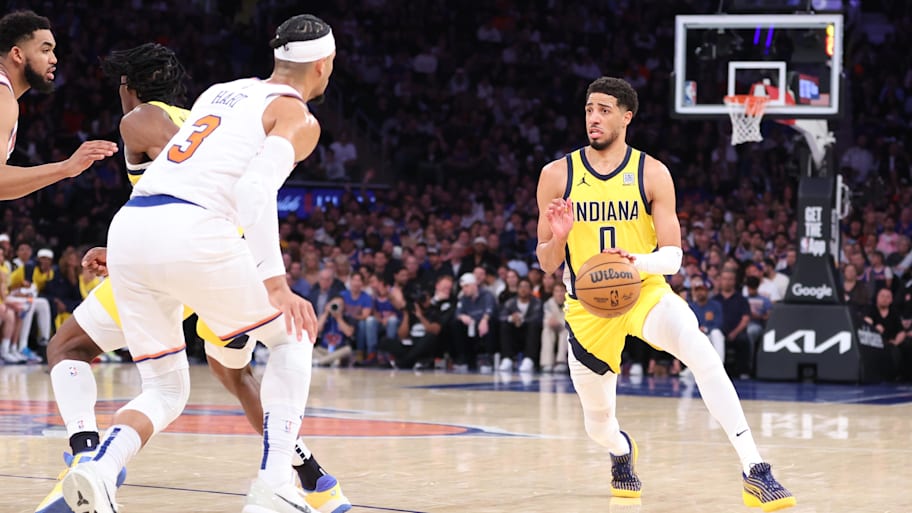 Indiana Pacers guard Tyrese Haliburton controls the ball