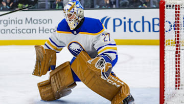 Jan 20, 2025; Seattle, Washington, USA; Buffalo Sabres goaltender Devon Levi (27) defends the net without a stick against the Seattle Kraken during the third period at Climate Pledge Arena. Mandatory Credit: Joe Nicholson-Imagn Images