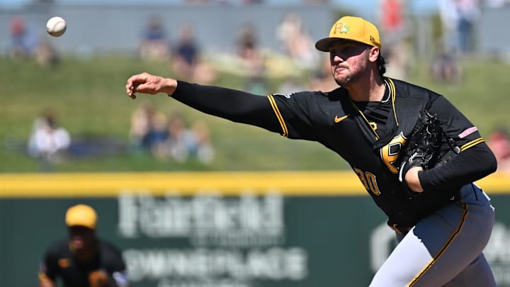 Feb 25, 2026; North Port, Florida, USA; Pittsburgh Pirates starting pitcher Paul Skenes (30) throws a pitch in the second inning against the Atlanta Braves during spring training at CoolToday Park. Mandatory Credit: Jonathan Dyer-Imagn Images