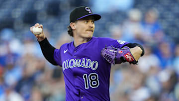 Apr 22, 2025; Kansas City, Missouri, USA; Colorado Rockies starting pitcher Ryan Feltner (18) pitches during the first inning against the Kansas City Royals at Kauffman Stadium. Mandatory Credit: Jay Biggerstaff-Imagn Images