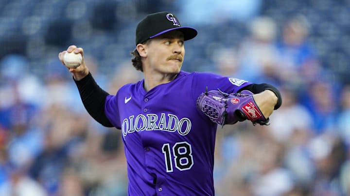 Apr 22, 2025; Kansas City, Missouri, USA; Colorado Rockies starting pitcher Ryan Feltner (18) pitches during the first inning against the Kansas City Royals at Kauffman Stadium. Mandatory Credit: Jay Biggerstaff-Imagn Images