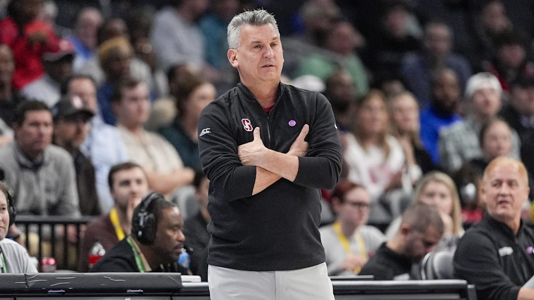 Mar 13, 2025; Charlotte, NC, USA; Stanford Cardinal head coach Kyle Smith during the first half against the Louisville Cardinals at Spectrum Center. Mandatory Credit: Jim Dedmon-Imagn Images