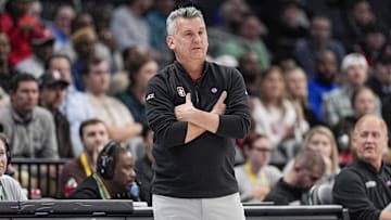 Mar 13, 2025; Charlotte, NC, USA; Stanford Cardinal head coach Kyle Smith during the first half against the Louisville Cardinals at Spectrum Center. Mandatory Credit: Jim Dedmon-Imagn Images
