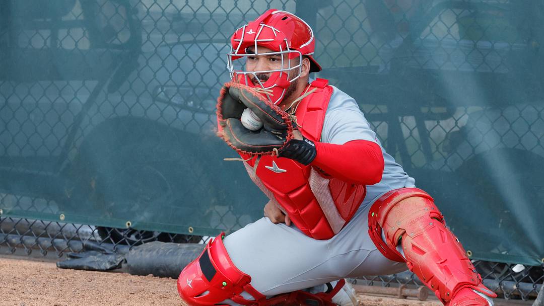 Feb 16, 2026; Jupiter, FL, USA;  St. Louis Cardinals catcher Leonardo Bernal (13) catches a pitch during spring training workouts at Roger Dean Stadium. Mandatory Credit: Reinhold Matay-Imagn Images