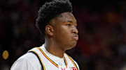 Jan 13, 2025; College Park, Maryland, USA; Maryland Terrapins center Derik Queen (25) looks on during the first half against the Minnesota Golden Gophers at Xfinity Center. Mandatory Credit: Reggie Hildred-Imagn Images