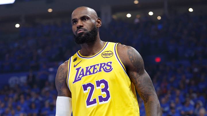 May 5, 2026; Oklahoma City, Oklahoma, USA; Los Angeles Lakers forward LeBron James (23) looks towards his bench after a play against the Oklahoma City Thunder in the first half during game one of the second round of the 2026 NBA Playoffs at Paycom Center. Mandatory Credit: Alonzo Adams-Imagn Images