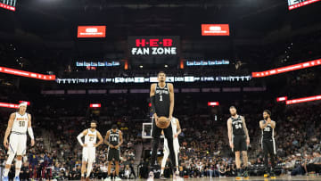 Apr 12, 2024; San Antonio, Texas, USA; San Antonio Spurs forward Victor Wembanyama (1) shoots a free throw during the first half against the Denver Nuggets at Frost Bank Center. Mandatory Credit: Scott Wachter-USA TODAY Sports