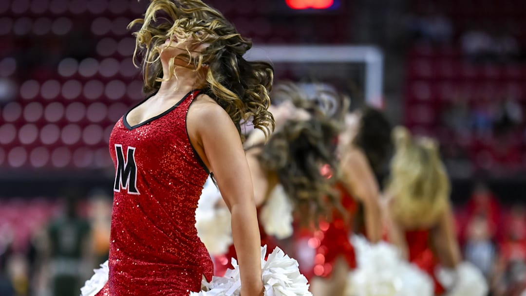 Dec 2, 2025; College Park, Maryland, USA;  Maryland Terrapins cheerleaders perform before the game against the Wagner Seahawks at Xfinity Center. Mandatory Credit: Tommy Gilligan-Imagn Images