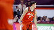 Jan 4, 2025; Blacksburg, Virginia, USA; Virginia Tech Hokies guard Brandon Rechsteiner (7) celebrates after making a three pointer during the second half against the Miami Hurricanes at Cassell Coliseum. Mandatory Credit: Peter Casey-Imagn Images