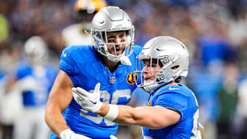 Detroit Lions wide receiver Tom Kennedy (85) celebrates a catch for a first down against Green Bay Packers during the first half at Ford Field in Detroit on Thursday, Nov. 27, 2025.