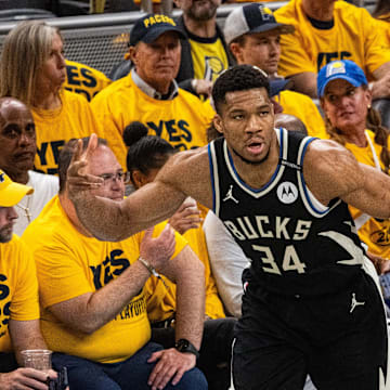 Apr 29, 2025; Indianapolis, Indiana, USA; Milwaukee Bucks forward Giannis Antetokounmpo (34) celebrates a made basket during game five of the first round for the 2024 NBA Playoffs against the Indiana Pacers at Gainbridge Fieldhouse. Mandatory Credit: Trevor Ruszkowski-Imagn Images