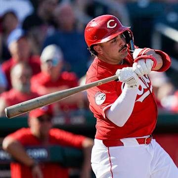 Cincinnati Reds second baseman Sal Stewart (84) hits a homer in the eighth inning of a Cactus League game between the Cincinnati Reds and Los Angeles Dodgers, Monday, Feb. 24, 2025, at Goodyear Ballpark in Goodyear, Ariz. Reds won 8-1.