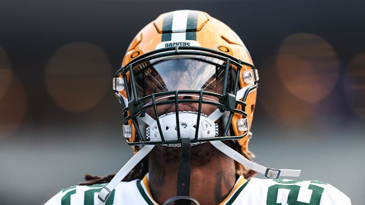 Jan 12, 2025; Philadelphia, Pennsylvania, USA; Green Bay Packers safety Xavier McKinney (29) before action against the Philadelphia Eagles in an NFC wild card game at Lincoln Financial Field. Mandatory Credit: Bill Streicher-Imagn Images