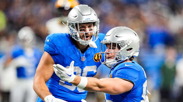 Detroit Lions wide receiver Tom Kennedy (85) celebrates a catch for a first down against Green Bay Packers during the first half at Ford Field in Detroit on Thursday, Nov. 27, 2025.