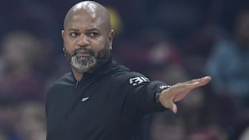 Oct 14, 2025; Cleveland, Ohio, USA; Detroit Pistons head coach J.B. Bickerstaff reacts in the first quarter against the Cleveland Cavaliers at Rocket Arena.