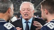 Sep 26, 2024; East Rutherford, New Jersey, USA;  Cowboys owner Jerry Jones pre game against the Giants at MetLife Stadium. Mandatory Credit: Robert Deutsch-Imagn Images