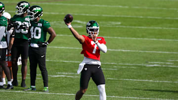 Jul 24, 2025; Florham Park, NY, USA; New York Jets quarterback Justin Fields (7) participates in a drill during training camp at Atlantic Health Jets Training Center. Mandatory Credit: John Jones-Imagn Images
