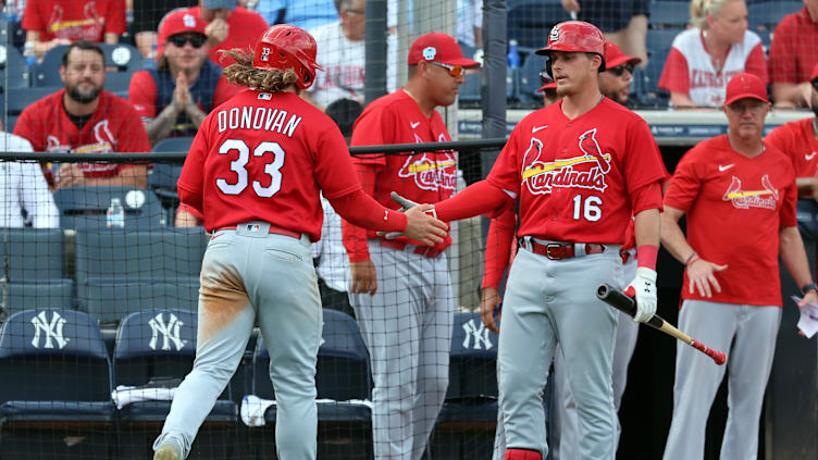 Mar 8, 2023; Tampa, Florida, USA;  St. Louis Cardinals second baseman Brendan Donovan (33) scores a