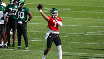 Jul 24, 2025; Florham Park, NY, USA; New York Jets quarterback Justin Fields (7) participates in a drill during training camp at Atlantic Health Jets Training Center. Mandatory Credit: John Jones-Imagn Images