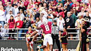 Sep 16, 2023; Chestnut Hill, Massachusetts, USA; Florida State Seminoles Renardo Green (8) breaks up a pass to Boston College Eagles wide receiver Joseph Griffin Jr. 