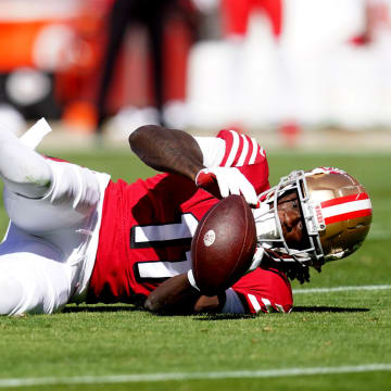 Oct 23, 2022; Santa Clara, California, USA; San Francisco 49ers wide receiver Brandon Aiyuk (11) is unable to make a catch against the Kansas City Chiefs in the first quarter at Levi's Stadium. Mandatory Credit: Cary Edmondson-USA TODAY Sports