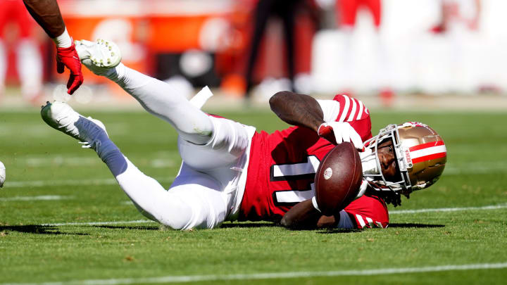 Oct 23, 2022; Santa Clara, California, USA; San Francisco 49ers wide receiver Brandon Aiyuk (11) is unable to make a catch against the Kansas City Chiefs in the first quarter at Levi's Stadium. Mandatory Credit: Cary Edmondson-USA TODAY Sports