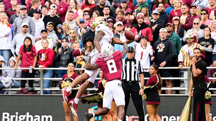 Sep 16, 2023; Chestnut Hill, Massachusetts, USA; Florida State Seminoles Renardo Green (8) breaks up a pass to Boston College Eagles wide receiver Joseph Griffin Jr. 