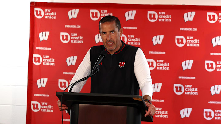 Sep 13, 2025; Tuscaloosa, Alabama, USA; Wisconsin Badgers head coach Luke Fickell speaks to reporters after a game against the Alabama Crimson Tide at Saban Field at Bryant-Denny Stadium. Sep 13, 2025; Tuscaloosa, Alabama, USA; Wisconsin Badgers head coach Luke Fickell speaks to reporters after a game against the Alabama Crimson Tide at Saban Field at Bryant-Denny Stadium.