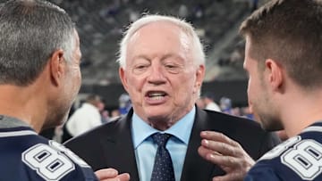 Sep 26, 2024; East Rutherford, New Jersey, USA;  Cowboys owner Jerry Jones pre game against the Giants at MetLife Stadium. Mandatory Credit: Robert Deutsch-Imagn Images