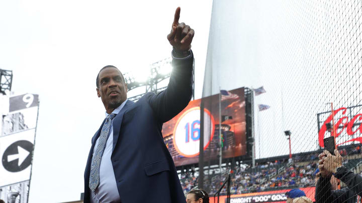 Apr 14, 2024; New York City, New York, USA; New York Mets former pitcher Dwight Gooden interacts with fans before his number retirement ceremony before a game against the Kansas City Royals at Citi Field. Mandatory Credit: Brad Penner-USA TODAY Sports