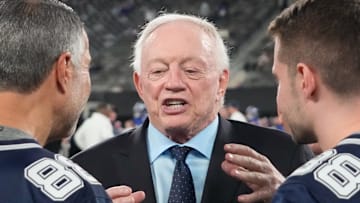 Sep 26, 2024; East Rutherford, New Jersey, USA;  Cowboys owner Jerry Jones pre game against the Giants at MetLife Stadium. Mandatory Credit: Robert Deutsch-Imagn Images