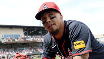 Mar 4, 2025; North Port, Florida, USA; Atlanta Braves shortstop Orlando Arcia (11) prepares for  the start of the game against the Minnesota Twins during spring training at CoolToday Park. Mandatory Credit: Jonathan Dyer-Imagn Images