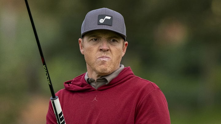 February 13, 2026; Pebble Beach, California, USA; Utah Jazz owner Ryan Smith watches his putt on the second hole during the second round of the AT&T Pebble Beach Pro-Am golf tournament at Pebble Beach Golf Links. Mandatory Credit: Kyle Terada-Imagn Images
