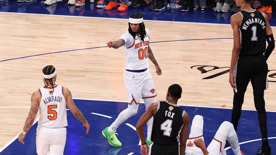 Jun 8, 2026; New York, New York, USA; New York Knicks guard Jordan Clarkson (00) reacts in the second quarter against the San Antonio Spurs during game three of the 2026 NBA Finals at Madison Square Garden. Mandatory Credit: Vincent Carchietta-Imagn Images Jun 8, 2026; New York, New York, USA; New York Knicks guard Jordan Clarkson (00) reacts in the second quarter against the San Antonio Spurs during game three of the 2026 NBA Finals at Madison Square Garden. Mandatory Credit: Vincent Carchietta-Imagn Images