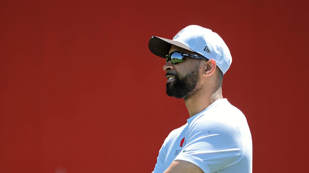 Cleveland Browns general manager Andrew Berry watches practice during day two of NFL rookie minicamp at the Cleveland Browns training facility on Saturday, May 10, 2025, in Berea, Ohio.