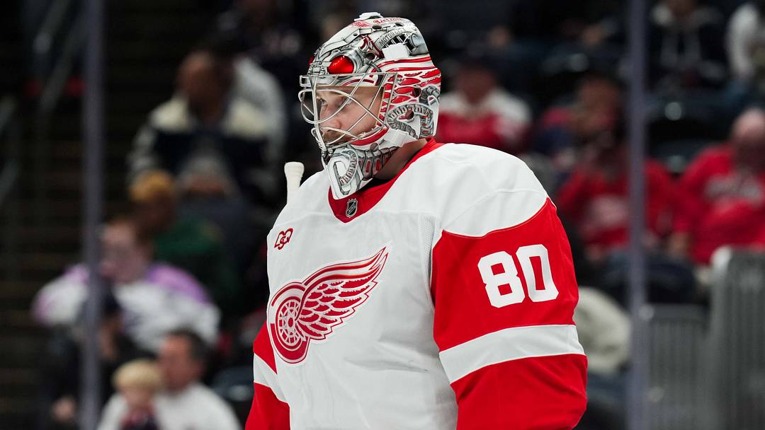 Sep 21, 2026; Columbus, Ohio, USA;  Detroit Red Wings goaltender Daniil Tarasov (80) defends the net against the Columbus Blue Jackets in the second period at Nationwide Arena. Mandatory Credit: Aaron Doster-Imagn Images