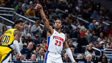 Nov 29, 2024; Indianapolis, Indiana, USA; Detroit Pistons guard Jaden Ivey (23) celebrates a shot in the second half against the Indiana Pacers at Gainbridge Fieldhouse. Mandatory Credit: Trevor Ruszkowski-Imagn Images