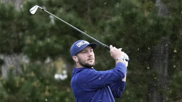 February 2, 2023; Pebble Beach, California, USA; Josh Allen hits his tee shot on the second hole during the first round of the AT&T Pebble Beach Pro-Am golf tournament at Spyglass Hill Golf Course. Mandatory Credit: Ray Acevedo-USA TODAY Sports