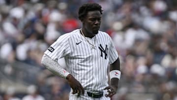 Jul 26, 2025; Bronx, New York, USA; New York Yankees second baseman Jazz Chisholm Jr. (13) reacts after the sixth inning against the Philadelphia Phillies at Yankee Stadium. Mandatory Credit: John Jones-Imagn Images