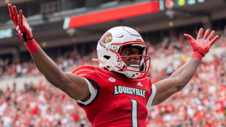 Louisville Cardinals wide receiver Ja'Corey Brooks (1) celebrates his touchdown during their game against the Austin Peay Governors on Saturday, Aug. 31, 2024 at L&N Federal Credit Union Stadium in Louisville, Ky.