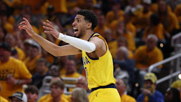 May 25, 2025; Indianapolis, Indiana, USA; Indiana Pacers guard Tyrese Haliburton (0) reacts to a call during the second quarter against the New York Knicks during game three of the eastern conference finals for the 2025 NBA Playoffs at Gainbridge Fieldhouse. Mandatory Credit: Trevor Ruszkowski-Imagn Images