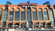 General view of the exterior of Lucas Oil Stadium, site of the 2025 NFL Combine.