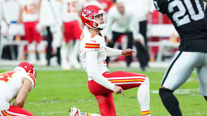 Oct 27, 2024; Paradise, Nevada, USA; Kansas City Chiefs place kicker Harrison Butker (7) kicks a field goal against the Las Vegas Raiders during the fourth quarter at Allegiant Stadium. Mandatory Credit: Stephen R. Sylvanie-Imagn Images Oct 27, 2024; Paradise, Nevada, USA; Kansas City Chiefs place kicker Harrison Butker (7) kicks a field goal against the Las Vegas Raiders during the fourth quarter at Allegiant Stadium. Mandatory Credit: Stephen R. Sylvanie-Imagn Images