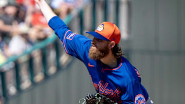 Mar 2, 2025; Fort Myers, Florida, USA; New York Mets pitcher Paul Blackburn (58) during the second inning of their game with the Boston Red Sox at JetBlue Park at Fenway South. Mandatory Credit: Chris Tilley-Imagn Images